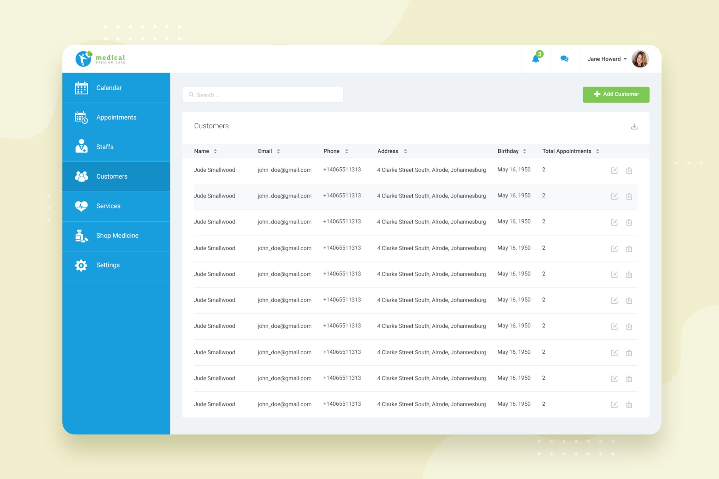 互联网+医院CRM系统后台病患人员管理界面UI设计PSD模板 Customers – CRM booking Web-based UI design