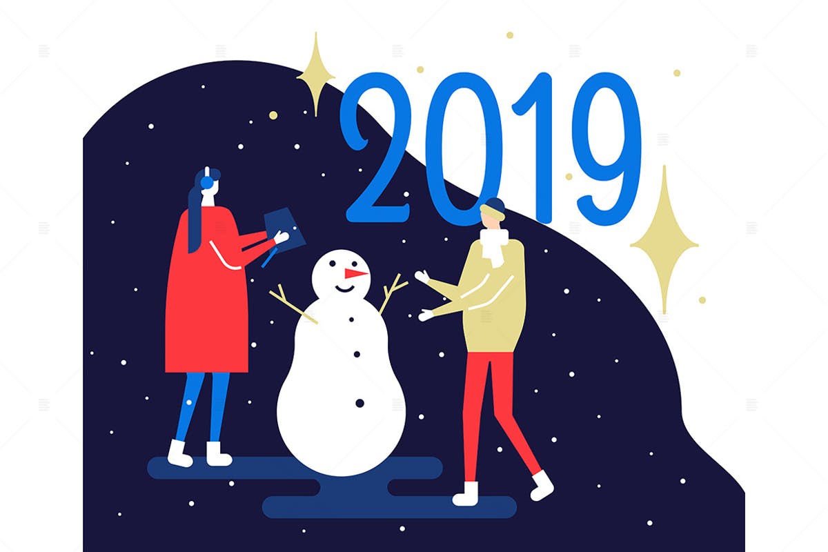 2019新年主题扁平化矢量插画3 Happy New Year 2019 – flat design illustration