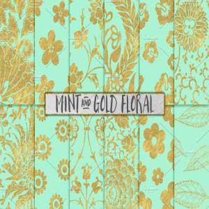 薄荷色和金色花卉背景 Mint and Gold Floral Backgrounds