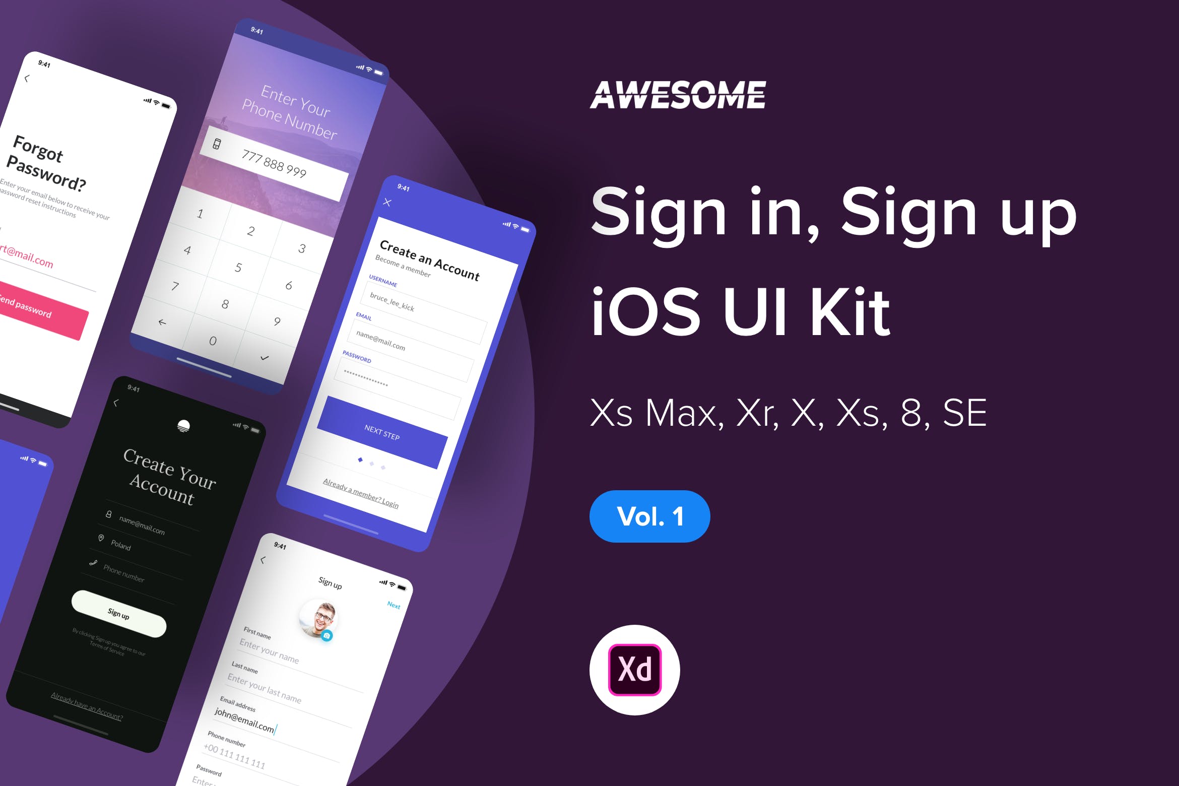 iOS平台APP应用注册登录界面设计XD模板v1 Awesome iOS UI Kit – Sign in, Sign up Vol. 1 (XD)