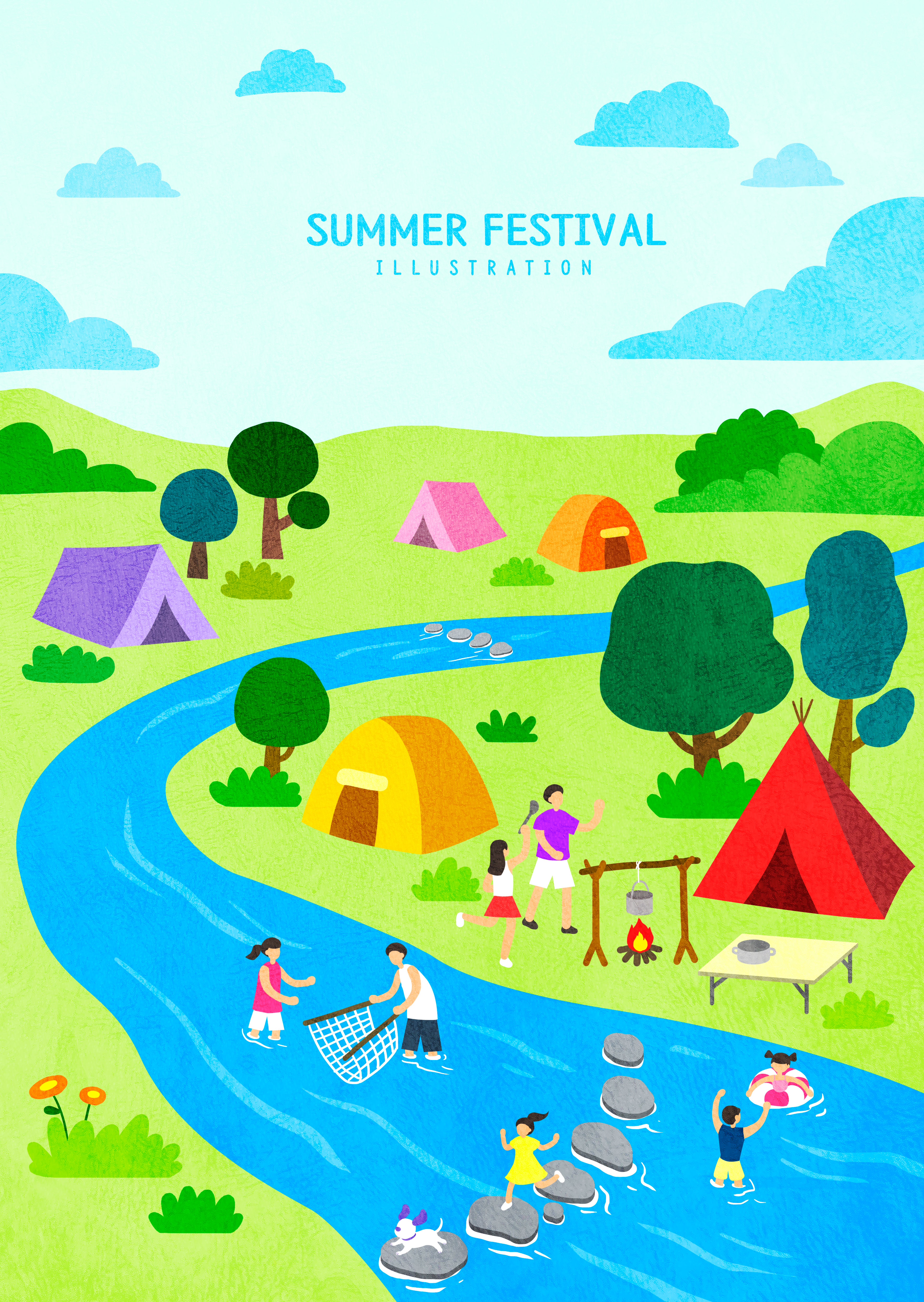 暑假野外露营旅游主题卡通海报设计模板