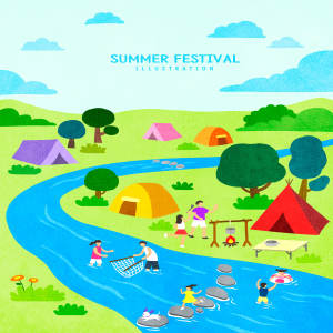 暑假野外露营旅游主题卡通海报设计模板