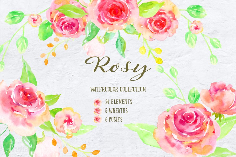 水彩手绘腮红粉装饰花卉元素 Watercolor Design Kit Rosy