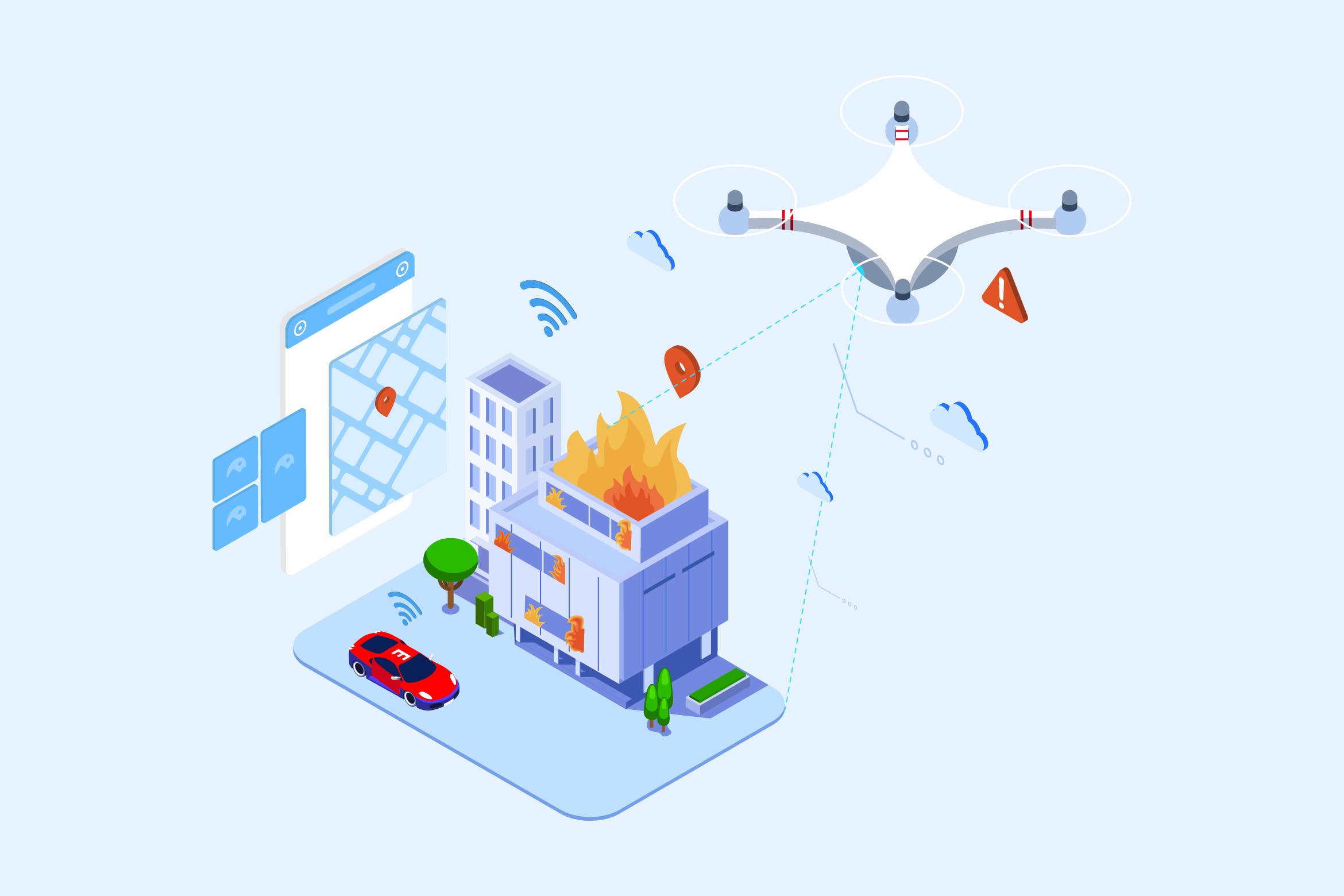 无人机搜救场景2.5D等距概念矢量插画 Drones Search And Rescue Isometric – T2