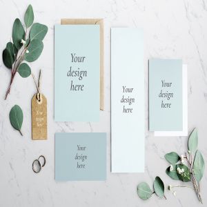 绿叶装饰婚礼邀请函样机套装 Wedding Invitation Mockup