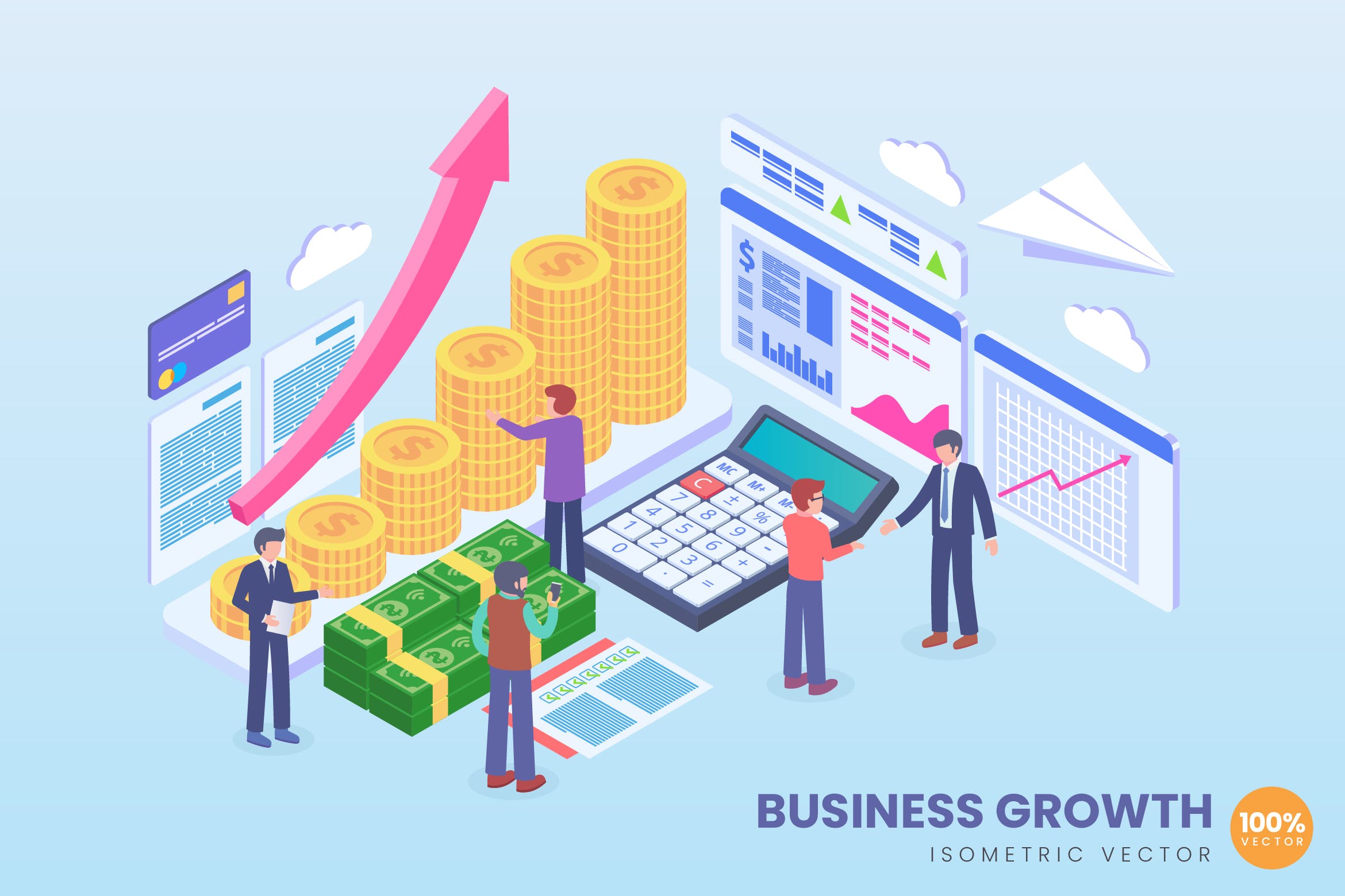 市场分析场景2.5D矢量等距概念插画 Isometric Business Growth Vector Concept