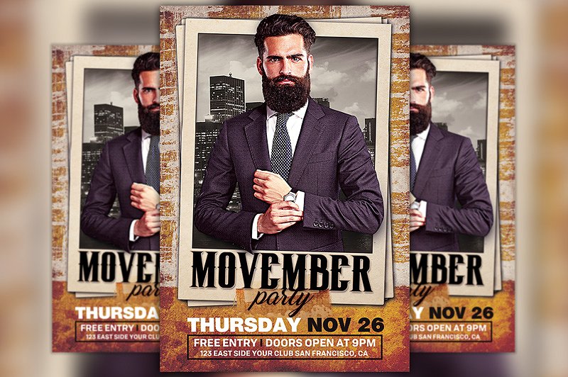 商务风格人物海报设计模板 Movember Party Flyer Template