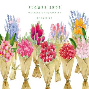 花店水彩花束剪贴画 Flower Shop, watercolor bouquets
