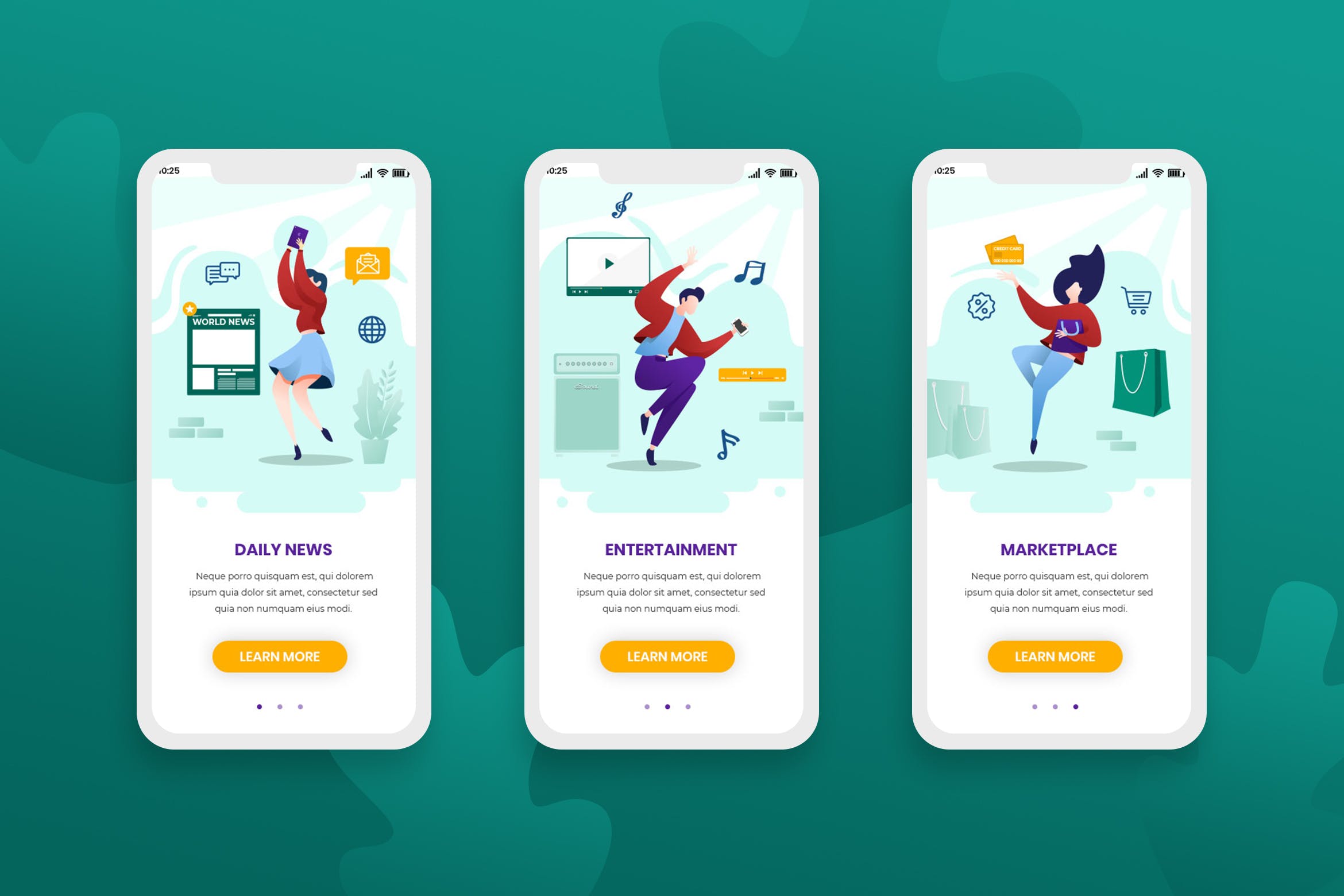 时尚生活概念插画APP应用启动页设计模板 Onboarding Screens Mobile App