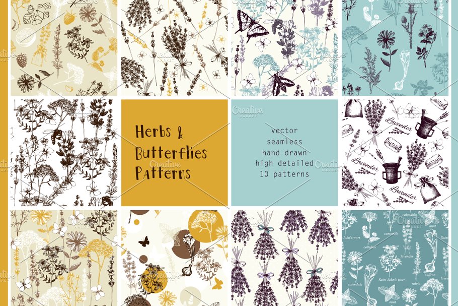 10款草药&蝴蝶图案纹理 10 Herbs & Butterflies Patterns