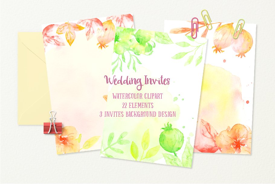 暖色调水彩婚礼请柬素材剪贴集 Watercolor Clipart Wedding Invites