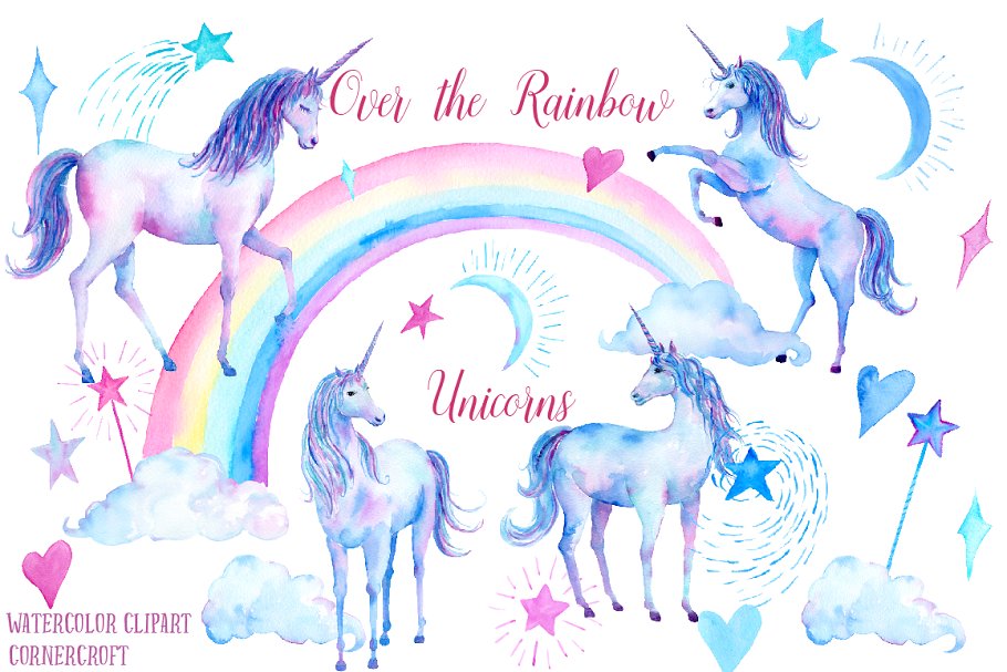 粉紫彩虹色调彩手绘独角兽插图 Pink and Purple Unicorns