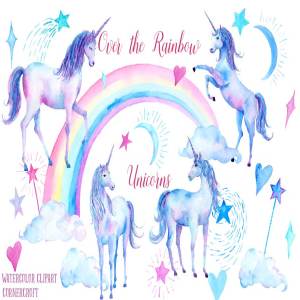 粉紫彩虹色调彩手绘独角兽插图 Pink and Purple Unicorns