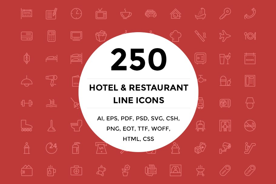 250枚高端酒店＆餐馆线条图标素材 250 Hotel and Restaurant Line Icons