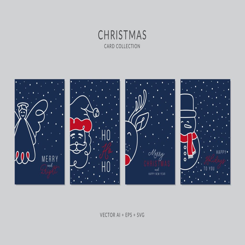 简笔画艺术风格圣诞节贺卡矢量设计模板集v7 Christmas Greeting Card Vector Set插图
