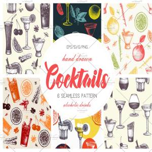无缝手绘鸡尾酒冷饮背景纹理 Vector Drinks & Cocktails Patterns