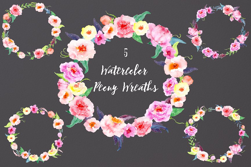 精美水彩牡丹花环插画 Watercolor Peony Wreath