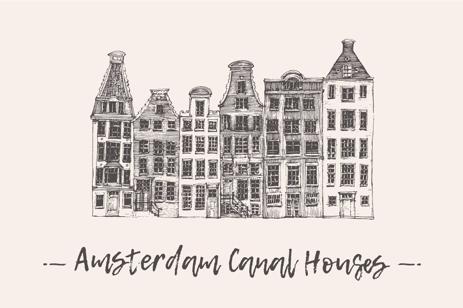阿姆斯特丹运河住宅楼楼房素描矢量图形 Set of Amsterdam Canal Houses