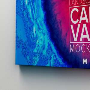 室内帆布画布油画艺术品展览样机02 Landscape Canvas Frame Mockup Hanging on Wall in Perspective 02