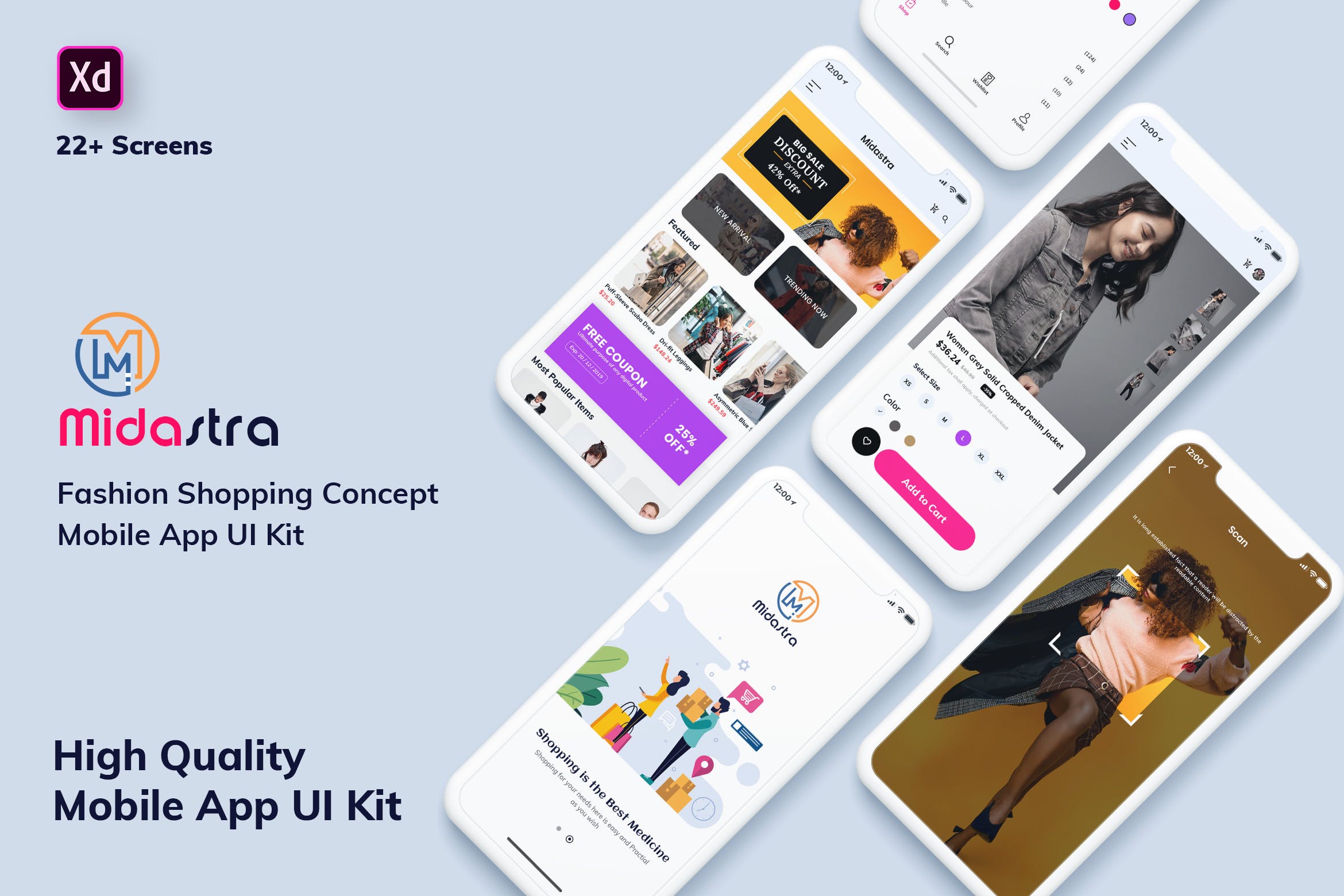 时尚购物APP应用UI设计XD模板[日间模式版本] Midastra-Fashion Shopping MobileApp UI Light (XD)