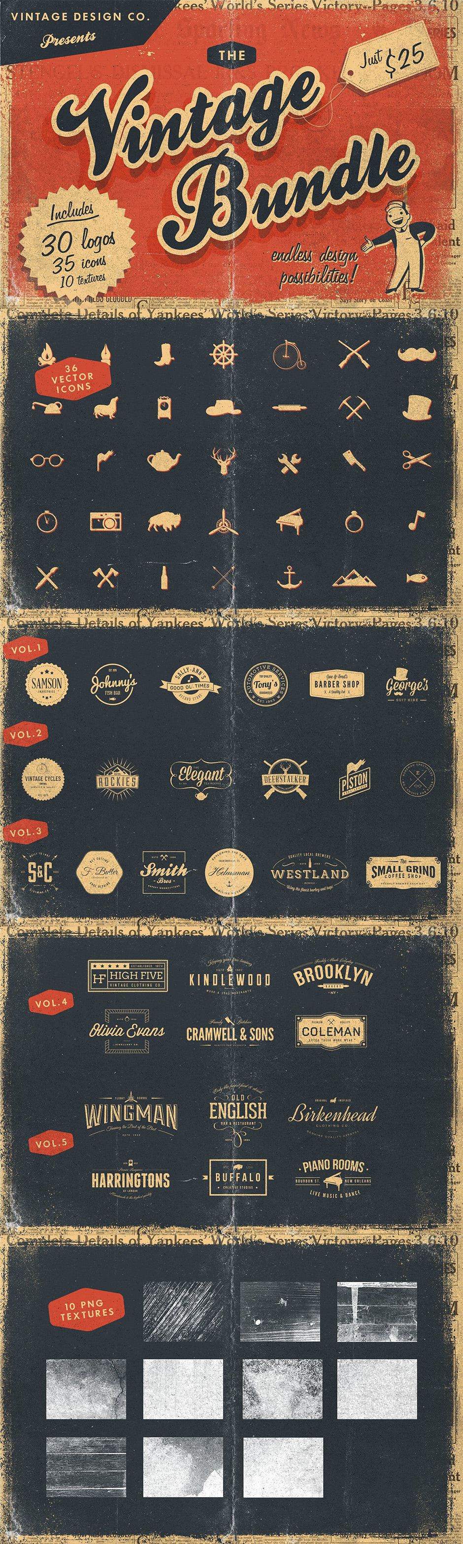 高品质复古风格设计套装 [logo模板 + 图标 + 纹理]