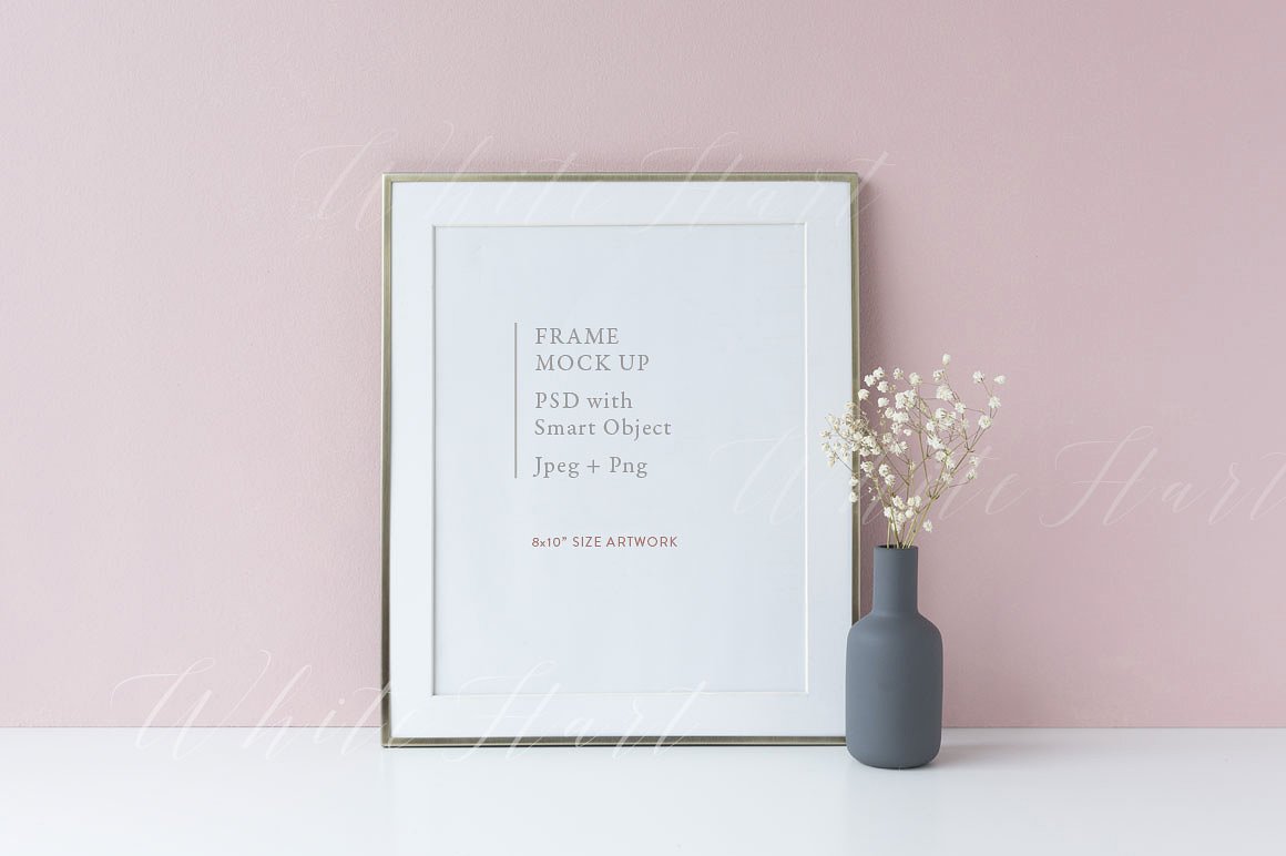 极简主义银色画框相框样机模板 8×10 golden frame mock up – pink bgd