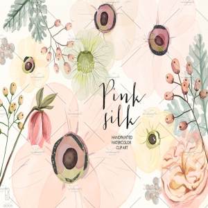 淡色系水彩少女粉植物花卉剪贴画 Watercolor pink silk flowers