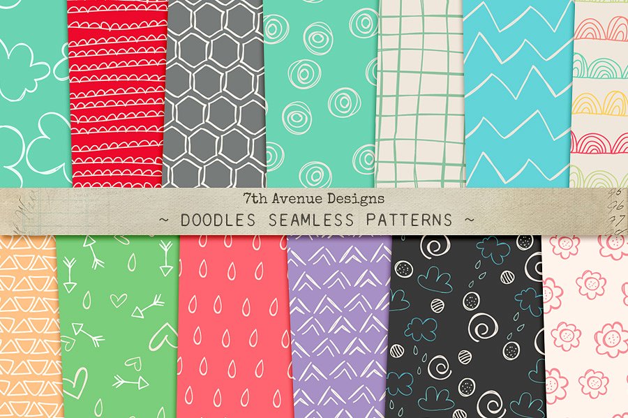 可爱卡通暖色调涂鸦无缝纹理 Doodles Seamless Patterns
