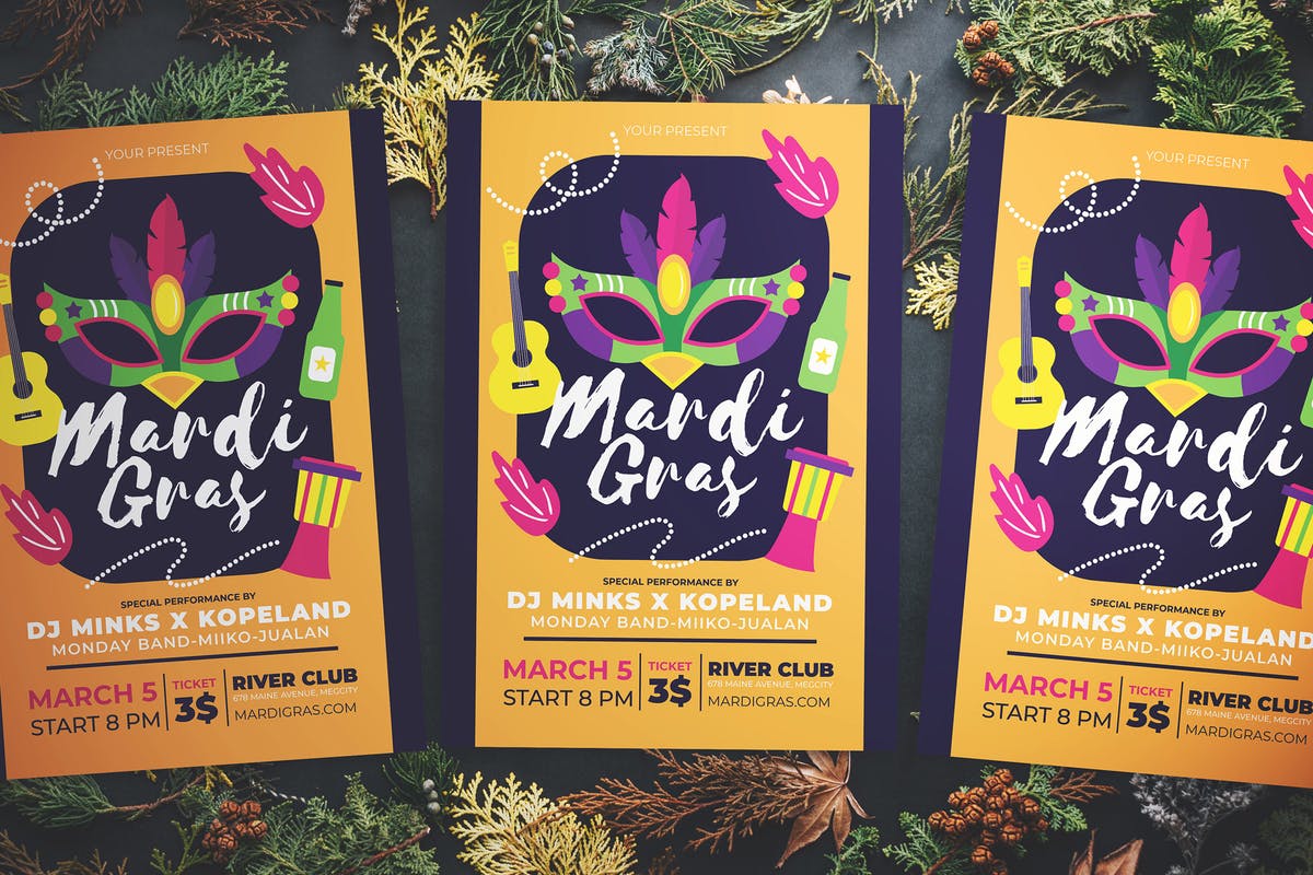 蒙面狂欢派对活动海报设计模板 Mardi Gras Party Flyer