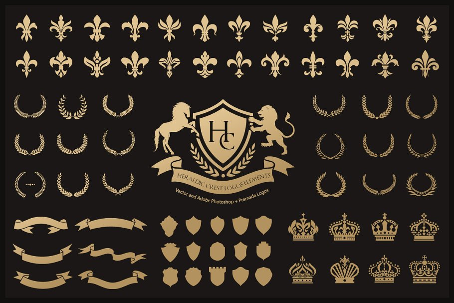奢侈花边纹章徽标设计组成套件 Heraldic Crest Logos elements set