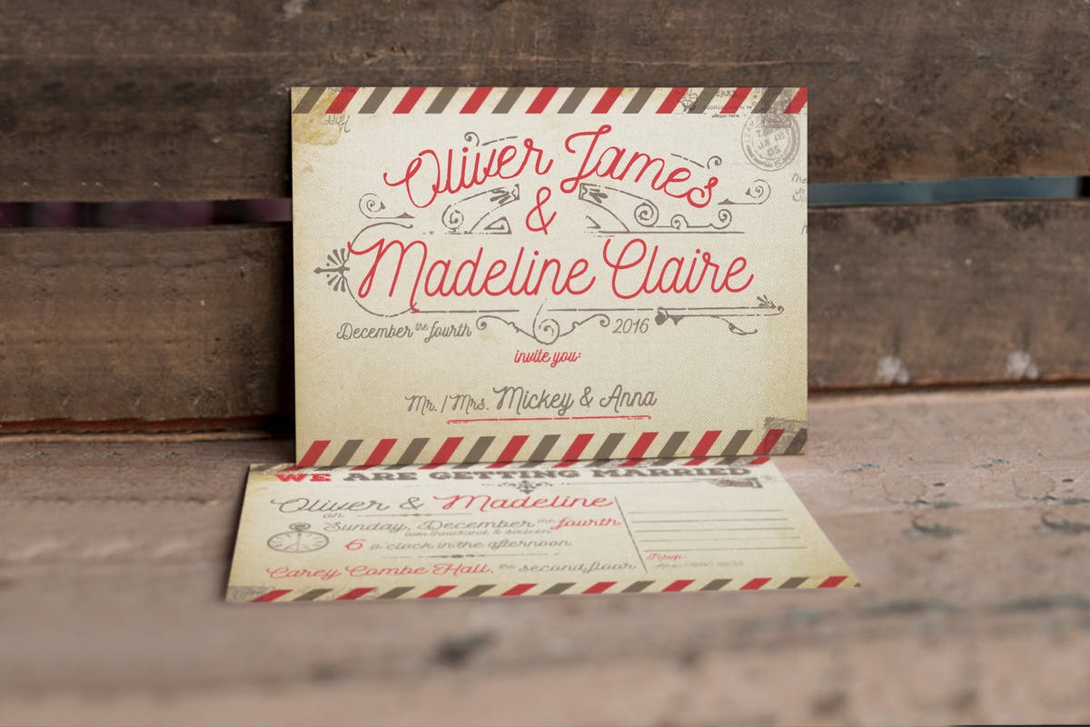 复古航空邮件婚礼请柬设计模板 Vintage Airmail Wedding Invitation