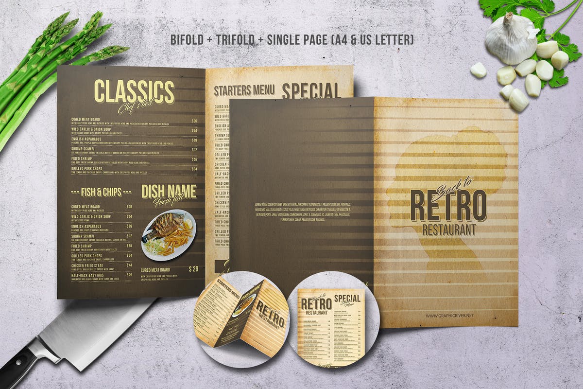 80年代复古西餐菜单PSD模板 80s Retro Menu Bundle US Letter & A4