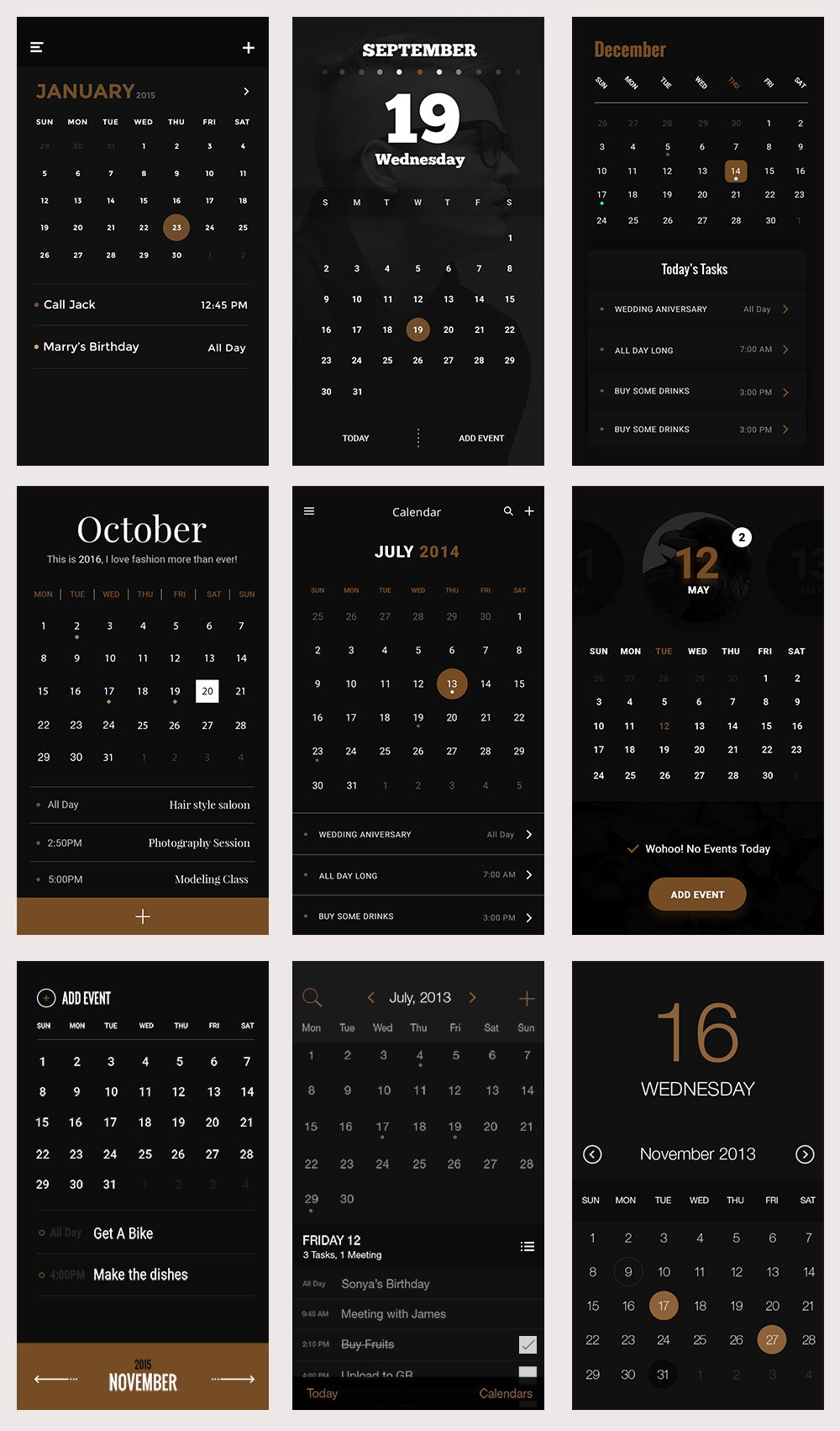 酷黑日历应用界面模板 Gold & Coal UI Kit – Calendars