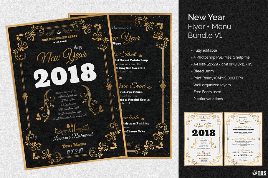 新年主题传单+新年宴会菜单模板 New Year Menu PSD V1