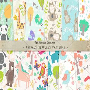 儿童主题素材无缝动物图案 Animals Seamless Patterns