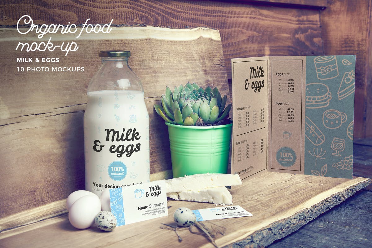 有机食物样机模板/牛奶&鸡蛋 Organic Food Photo Mockup / Milk & Eggs