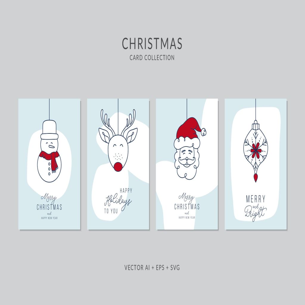简笔画艺术风格圣诞节贺卡矢量设计模板集v8 Christmas Greeting Card Vector Set插图