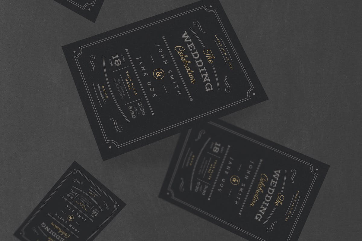 复古黑色婚礼邀请函PSD模板 Vintage Black Wedding Invitation