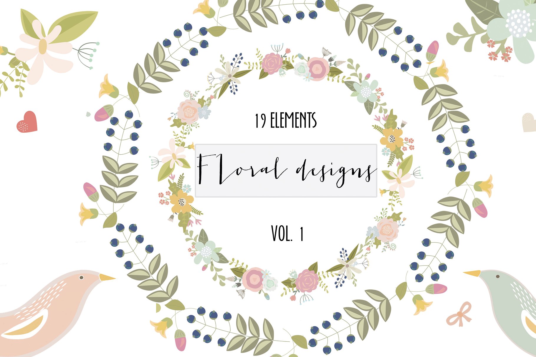 手绘淡色系花卉花环剪贴画 Floral clip art set 5