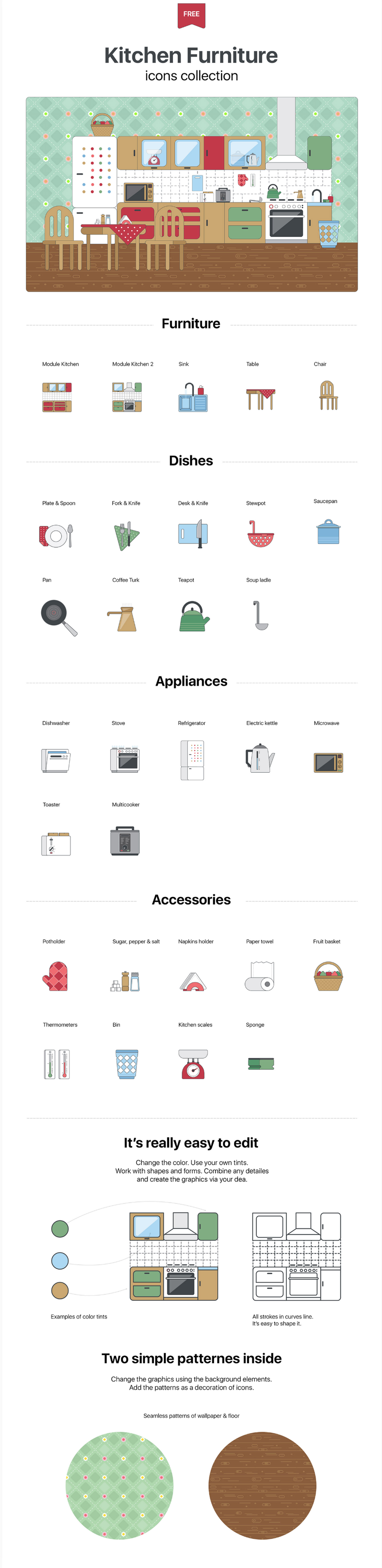 免费有有趣的厨房家具类图标套装下载[EPS]