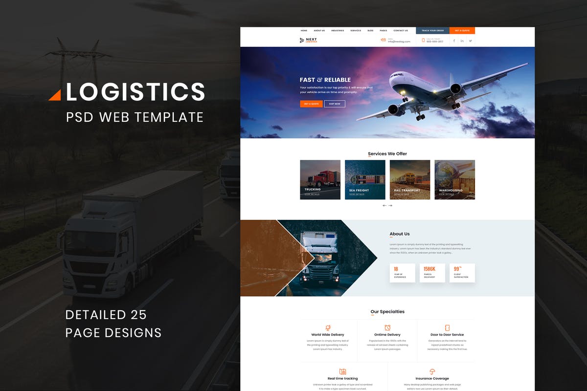 交通运输快递物流公司网站PSD模板 Logistics Transportation Shipping Agency Business