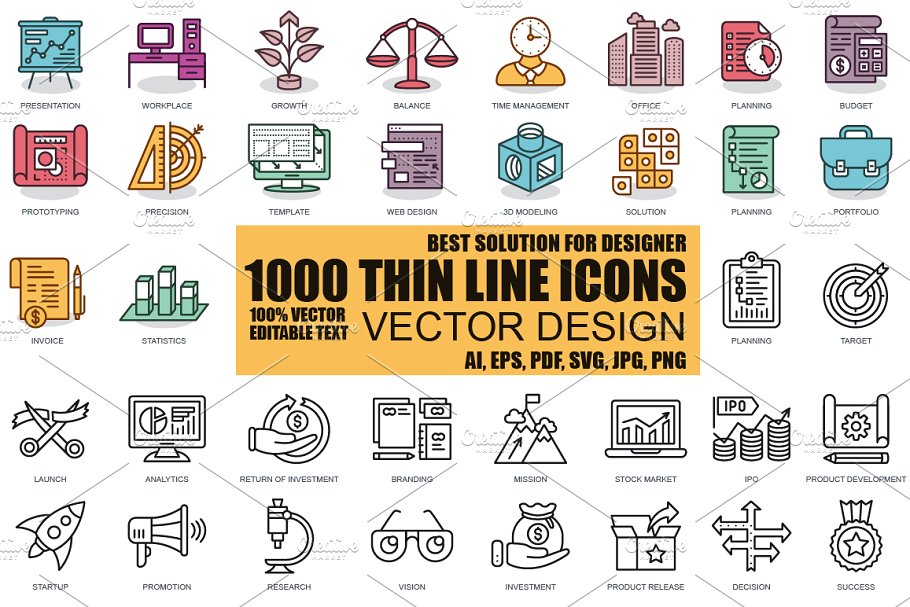 1000枚扁平化风格线条图标合集 Flat Line Icons