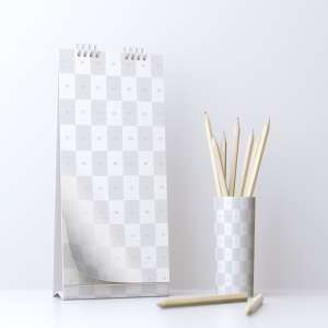 创意活页桌面日历设计样机模板 Desktop Portrait Calendar Mockup With Cup of Pencils