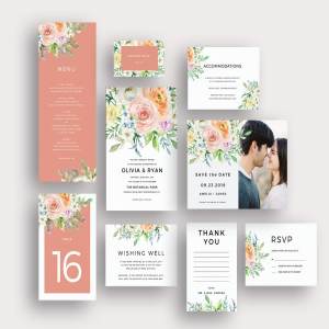 彩色水彩花卉婚礼邀请函模板集 Pastel watercolor floral invitation