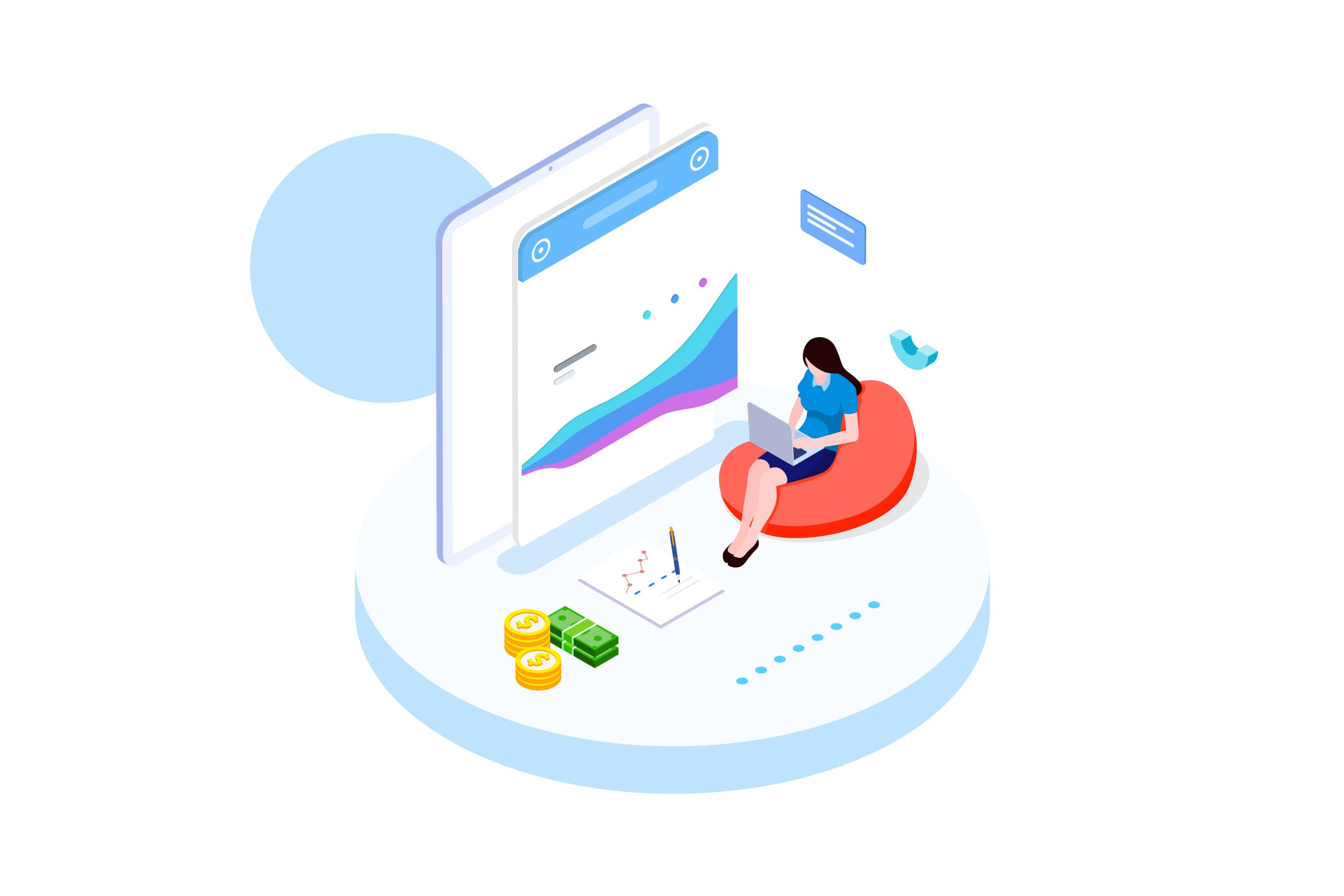 财务成本管理金融业务场景等距概念插画v3 Track Financial Costs Isometric Illustration – FV