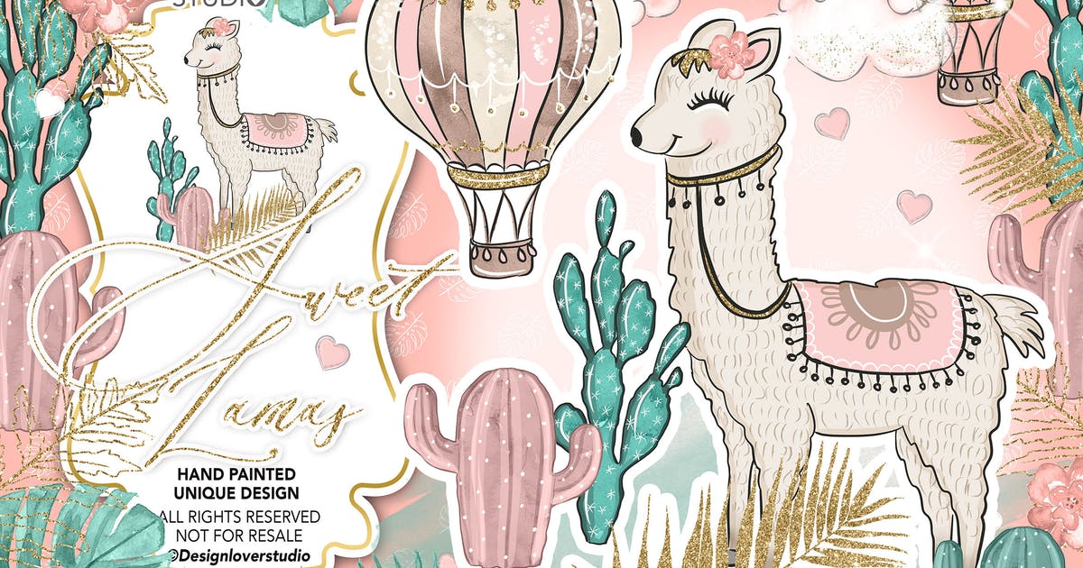 可爱羊驼水彩剪贴画动物素材下载 Sweet Lamas design