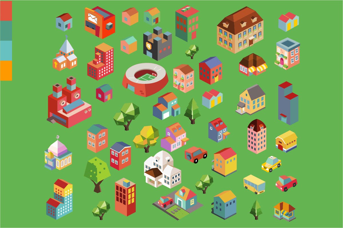 多彩等距城市场景矢量插画v8 Colorful vector isometric city