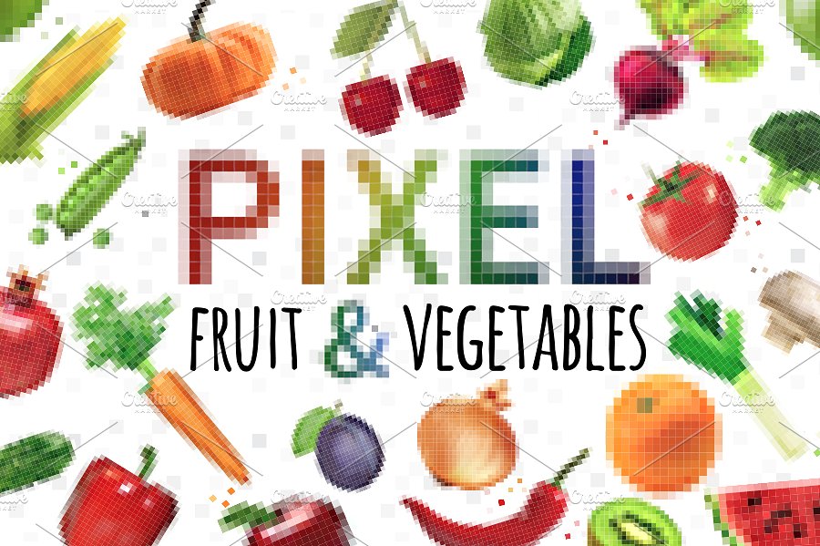几何方块蔬菜水果颗粒像素化插图 Pixel Fruit & Vegetables