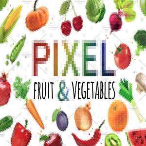 几何方块蔬菜水果颗粒像素化插图 Pixel Fruit & Vegetables