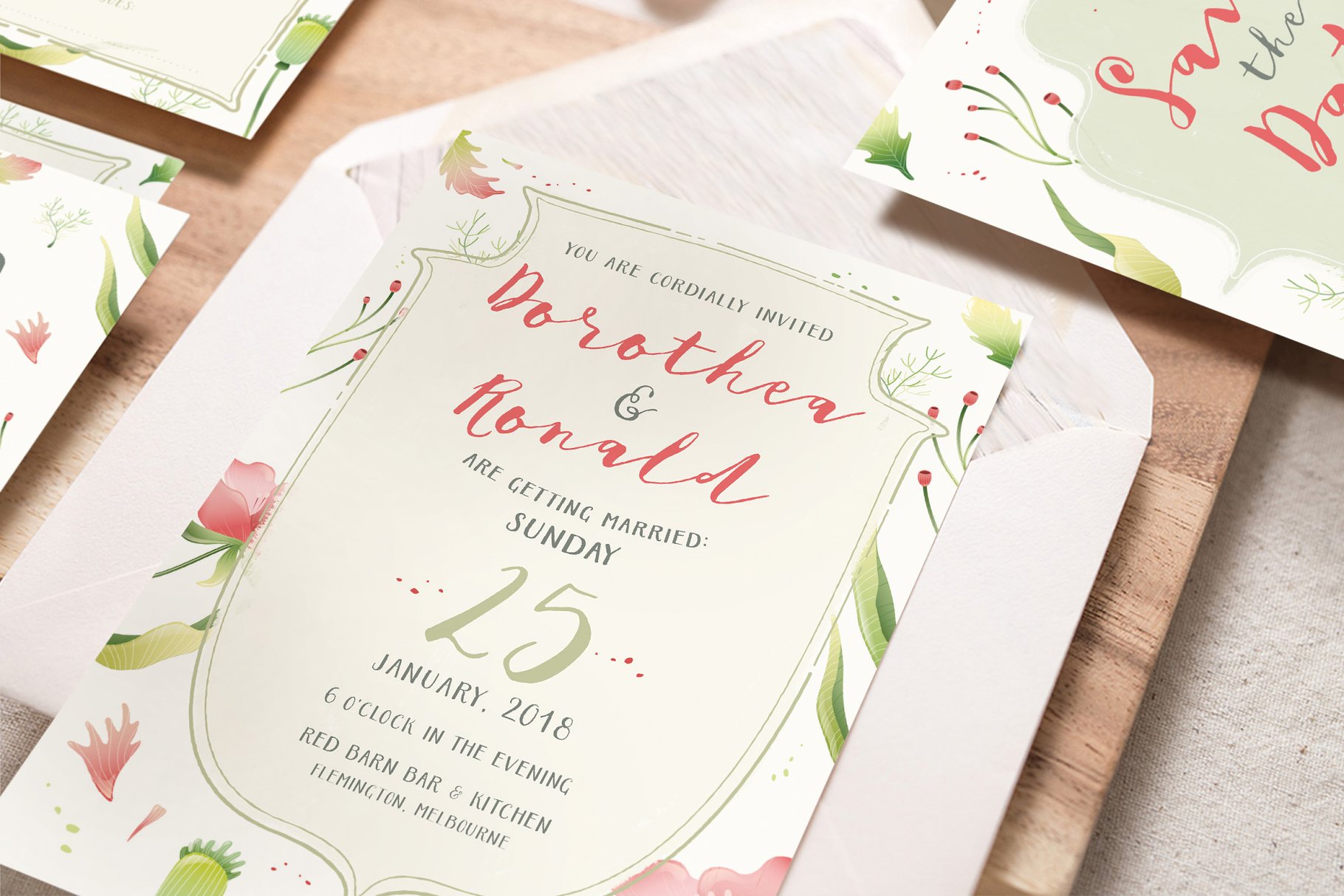 可爱而甜美的树叶插图婚礼请柬设计模板 Foliage Illustration Wedding Suite